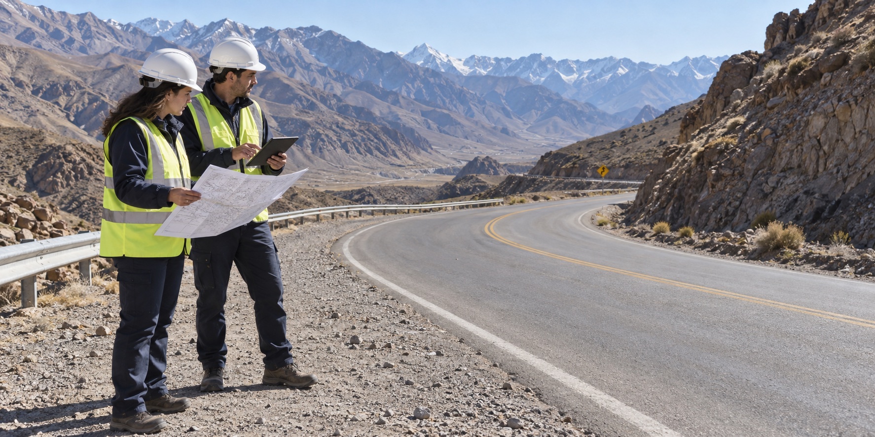 Profesionales evaluando un recorrido de montaña con un plano y una tablet, desde una zona segura junto al camino